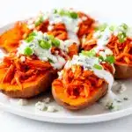 buffalo chicken stuffed sweet potatoes - featured image