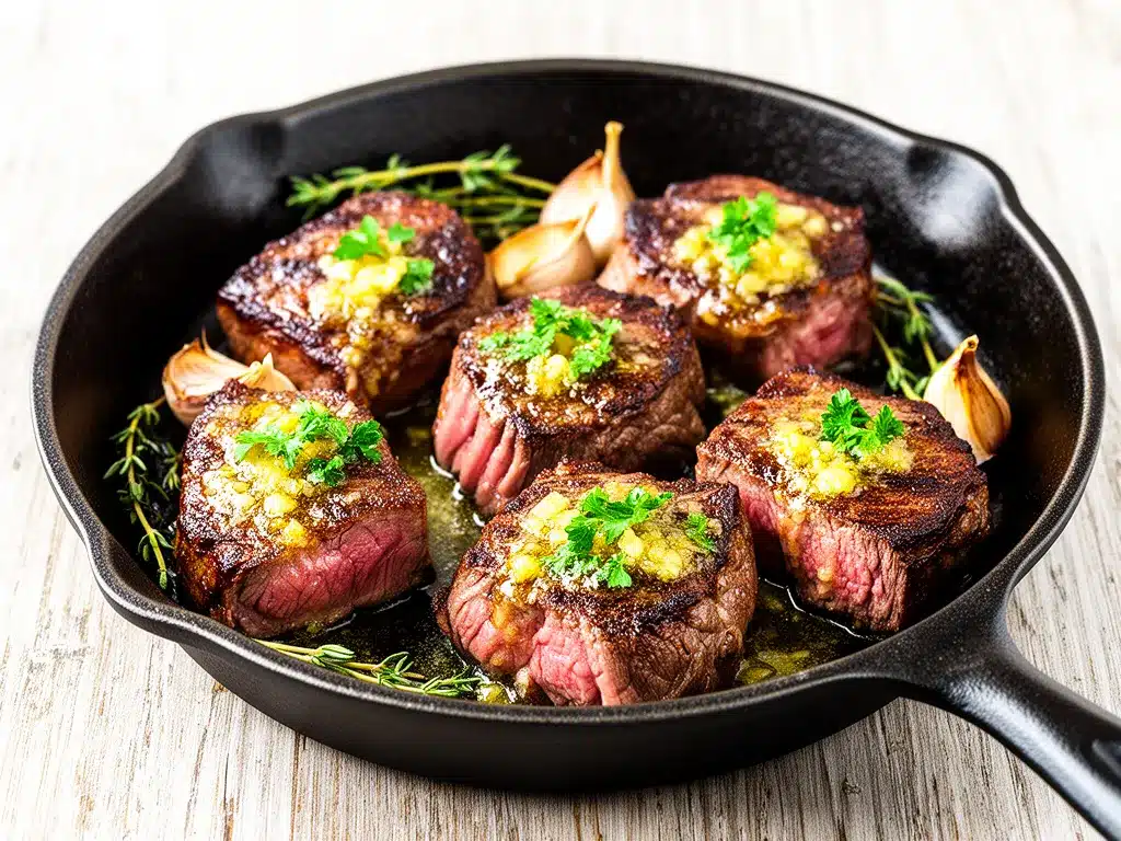Cast Iron Garlic Butter Steak Bites Recipe Easy Weeknight Dinner Idea 4 Cast Iron Garlic Butter Steak Bites preparation steps