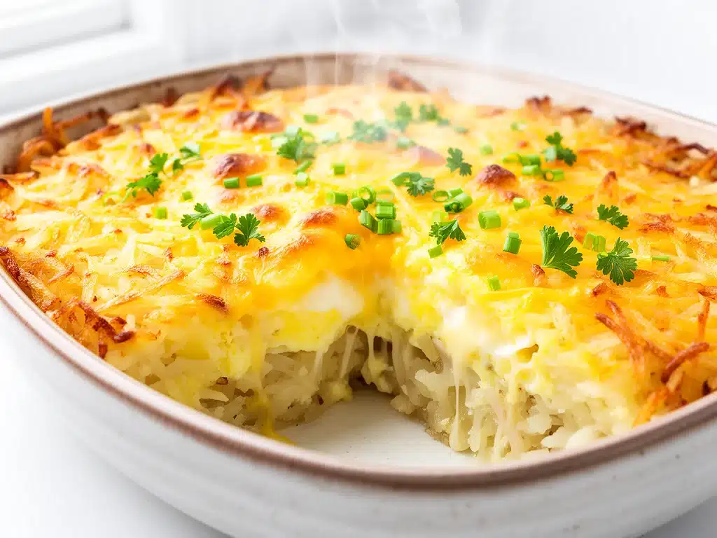 cheesy crispy hash brown breakfast casserole - featured image