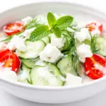creamy cucumber tomato salad with feta - featured image