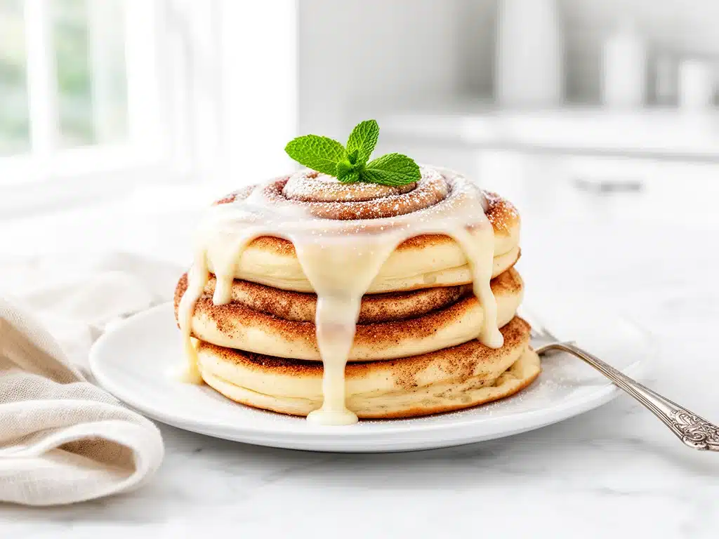 fluffy cinnamon roll pancakes - featured image