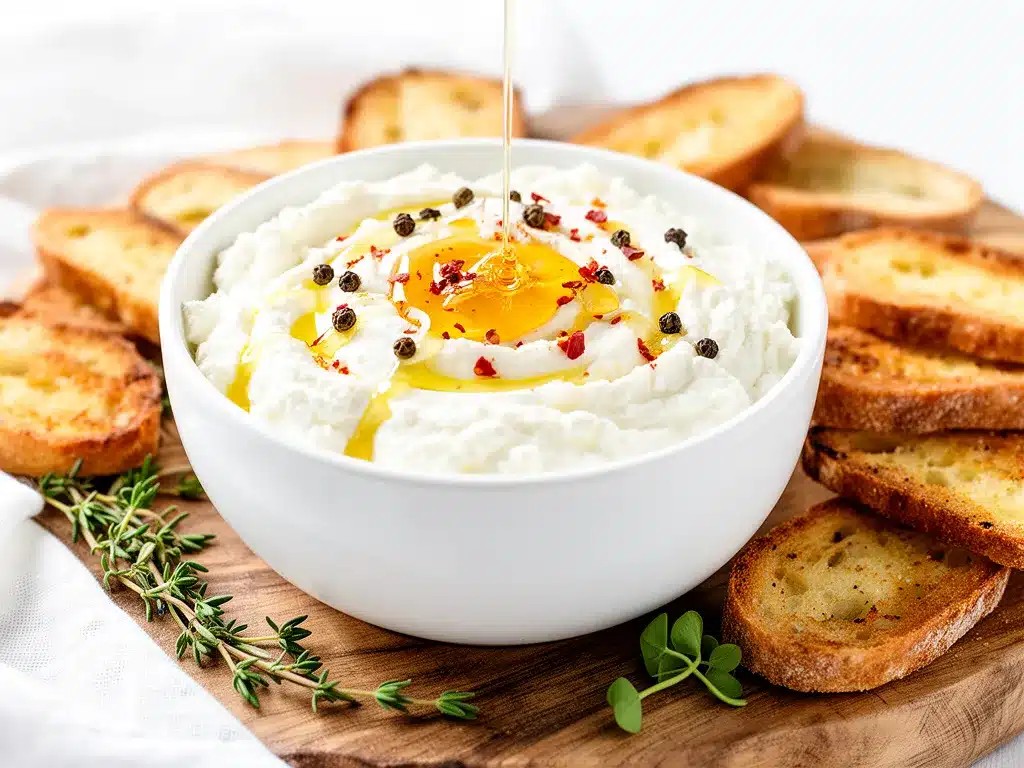 Hot Honey Whipped Feta Dip Recipe Easy Crowd-Pleasing Appetizer with Crostini 4 hot honey whipped feta dip preparation steps