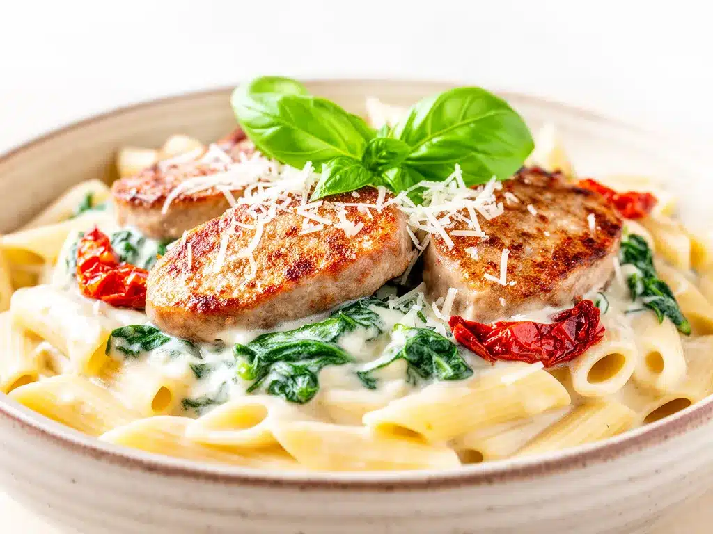 One-Pot Creamy Tuscan Sausage Pasta Recipe Easy Weeknight Dinner Idea 4 one-pot creamy tuscan sausage pasta preparation steps