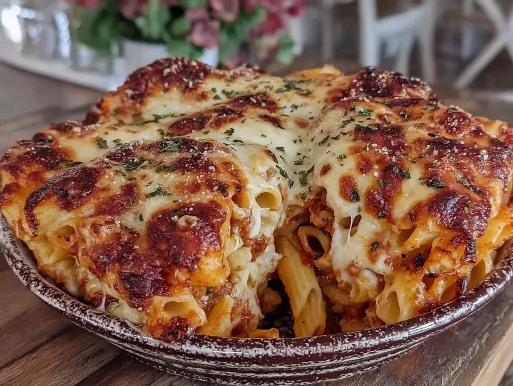 baked penne pasta with melty mozzarella - featured image