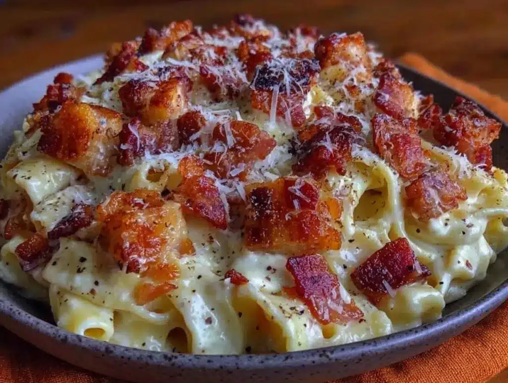 creamy alfredo pasta with crispy pancetta - featured image