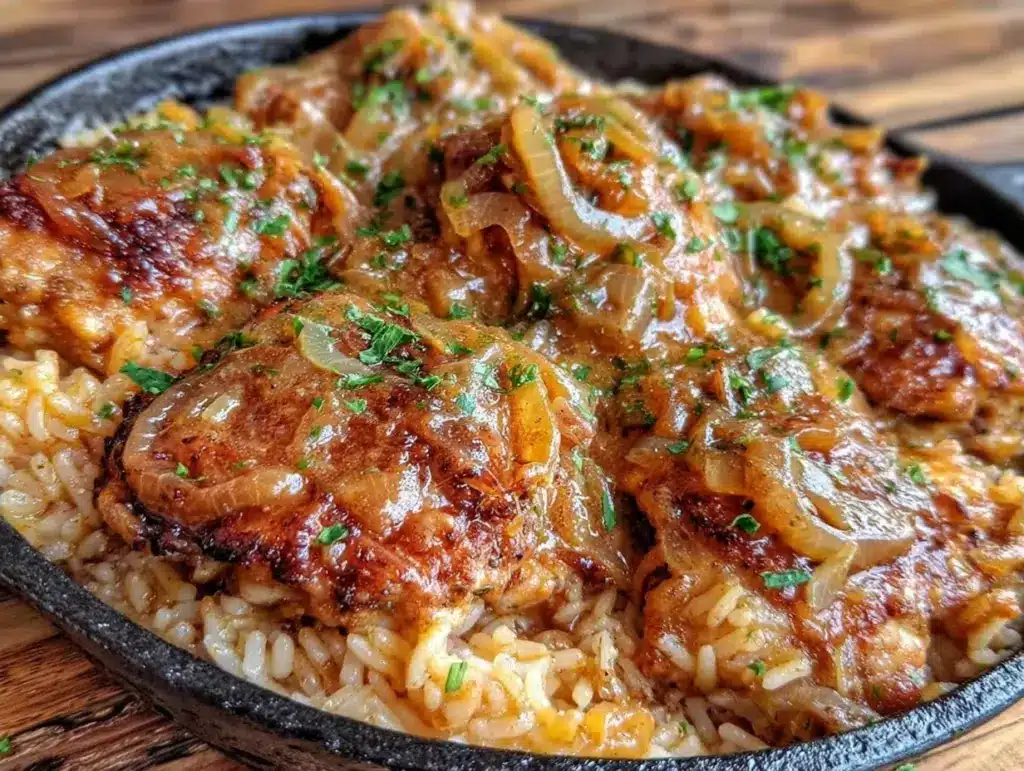 one-pan chicken and rice with caramelized onions - featured image