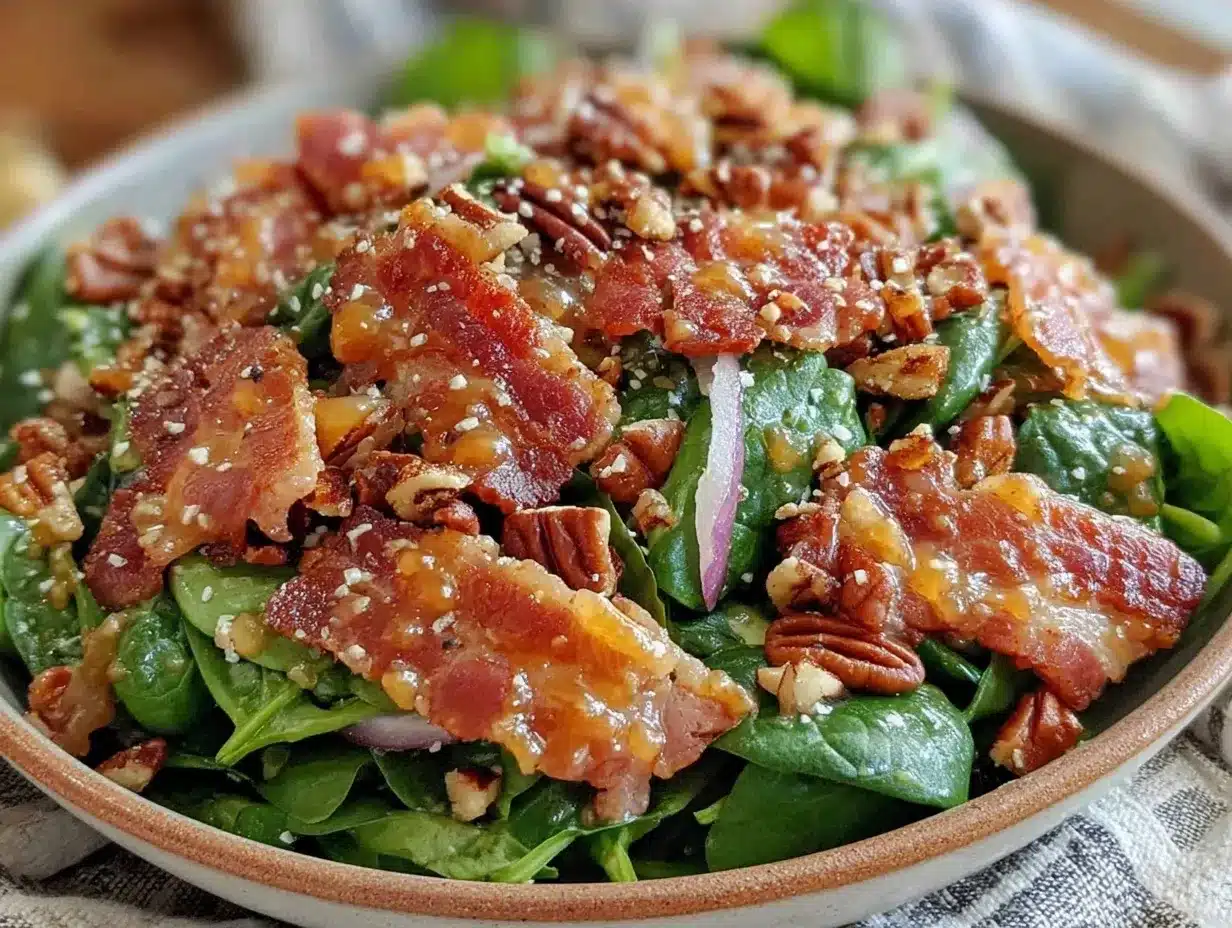 Spinach Salad with Warm Bacon Vinaigrette: Best Dinner Party Side 4 spinach salad with warm bacon vinaigrette preparation steps