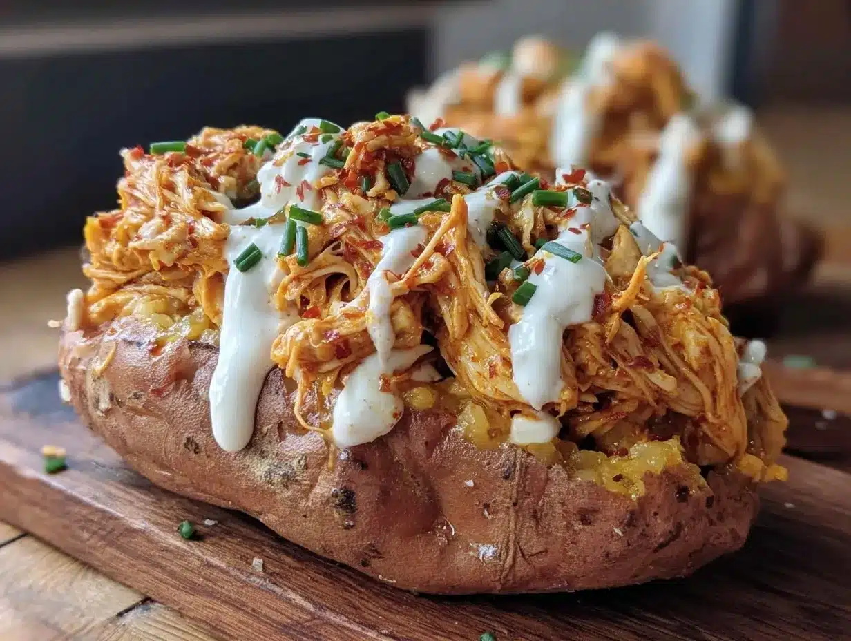 Buffalo Chicken Stuffed Sweet Potatoes: 1 Trick for Crispy Skin 4 buffalo chicken stuffed sweet potatoes preparation steps